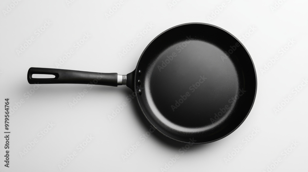 A black frying pan, or skillet, is shown on a plain white background. A black frying pan, or skillet, is shown on a plain white background.