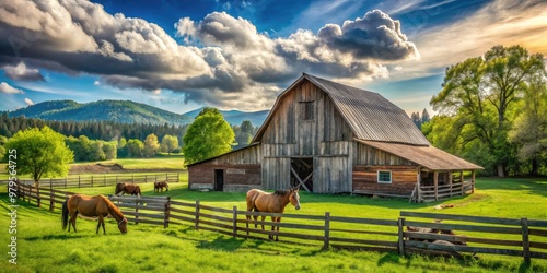 Rustic barn surrounded by lush green pastures, old wooden fences, and a few lazily grazing horses on a warm sunny afternoon in rural countryside. photo