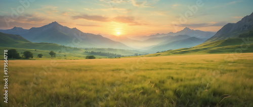 Sunset in the mountain valley. Beautiful natural landscape in the summer time