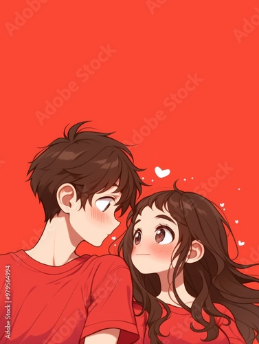 hibi Anime Style Dating Couple on a Vertical Red Background, Featuring Cute Characters photo