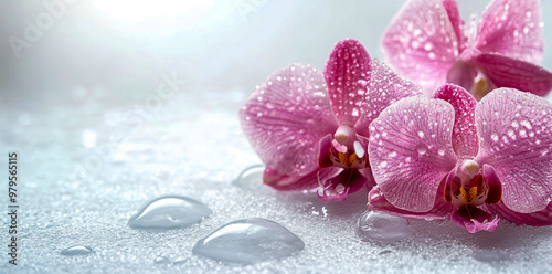 Beautiful pink orchid flowers with water drops on a white background, close-up.
