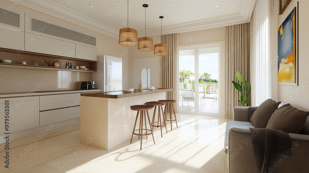 Fototapeta premium Modern kitchen interior with furniture and appliances - ai generative