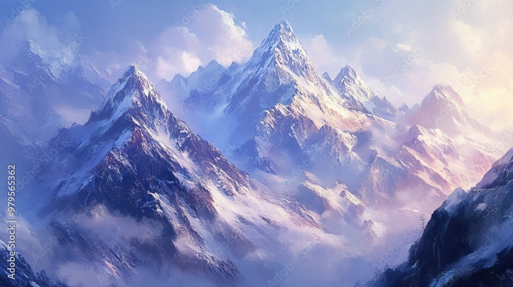 Fototapeta premium a snowy landscape with a cabin in the foreground and mountains in the background. generative ai 