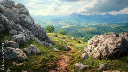 Fototapeta Naklejka Na Ścianę i Meble -  Hillside trail with rocks, valley view.