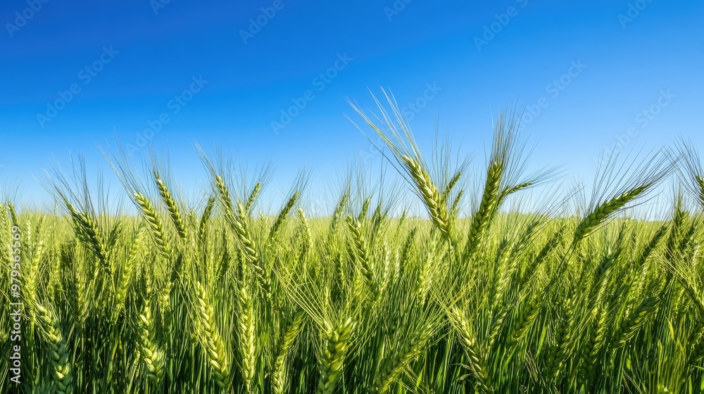 Green wheat fields swaying in the breeze under a clear blue sky in the countryside. Green wheat fields swaying in the breeze under a clear blue sky in the countryside.