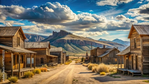 Rustic, sun-weathered wooden buildings line the dusty main street of a classic American frontier town, surrounded by vast open range and distant rocky outcroppings.