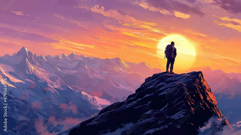 Hiker standing on a rocky summit, overlooking a breathtaking mountain range at sunset. Hiker standing on a rocky summit, overlooking a breathtaking mountain range at sunset.