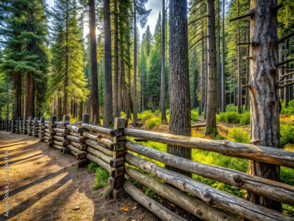 Rustic wooden fence, weathered to a silvery gray, stands amidst a lush forest of towering trees, their rugged trunks and branches stretching towards the sky. Rustic wooden fence, weathered to a silvery gray, stands amidst a lush forest of towering trees, their rugged trunks and branches stretching towards the sky.