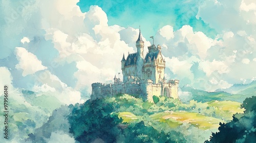 Watercolor illustration of a majestic fairytale castle, surrounded by lush green hills and soft clouds, perfect for a children's book.