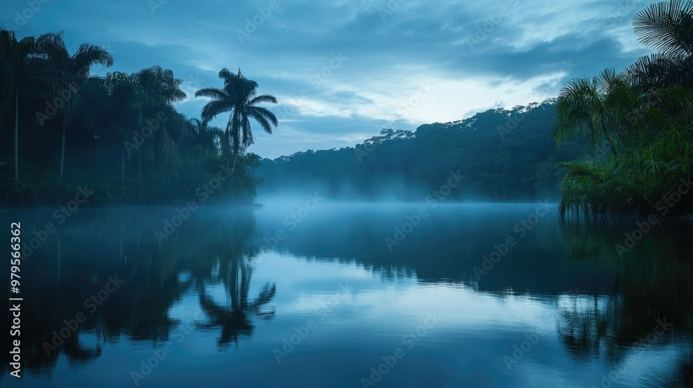 Lagoon at dawn with mist rising from the water, surrounded by tropical forests. Lagoon at dawn with mist rising from the water, surrounded by tropical forests.