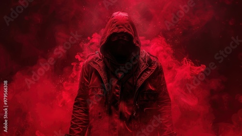 Mysterious figure in a hooded jacket surrounded by swirling red smoke at night