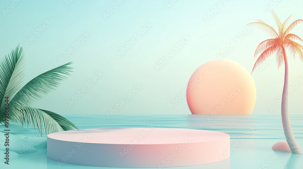 3D podium for product showcase presentation. Summer and tropical vacation concept. Graphic art design with copy space 3D podium for product showcase presentation. Summer and tropical vacation concept. Graphic art design with copy space