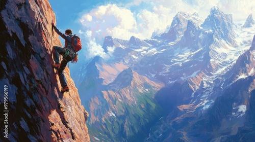 Mountain climber scaling a steep, rocky cliff with breathtaking views of distant peaks.