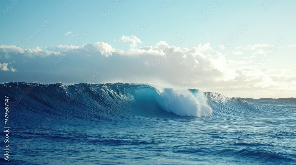 Ocean waves forming perfect barrel shapes, ideal for surfers, against a blue sky. Ocean waves forming perfect barrel shapes, ideal for surfers, against a blue sky.