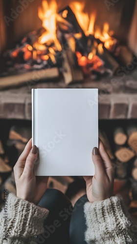Close-up of a woman's hands holding a blank white book with a black cover, sitting in front of a fireplace in a cozy winter scene