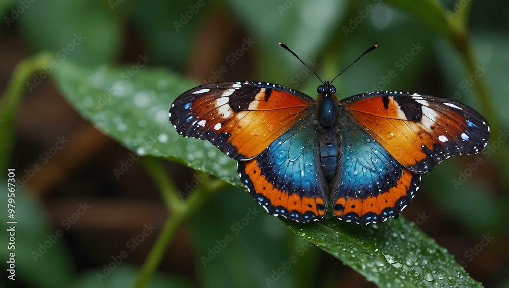 Colorful butterfly resting on dewy leaves after rain Colorful butterfly resting on dewy leaves after rain