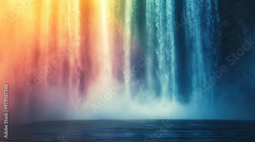 Rainbow forming in the mist of a thundering waterfall, with sunlight casting a colorful spectrum.