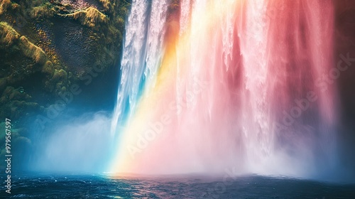 Rainbow forming in the mist of a thundering waterfall, with sunlight casting a colorful spectrum.