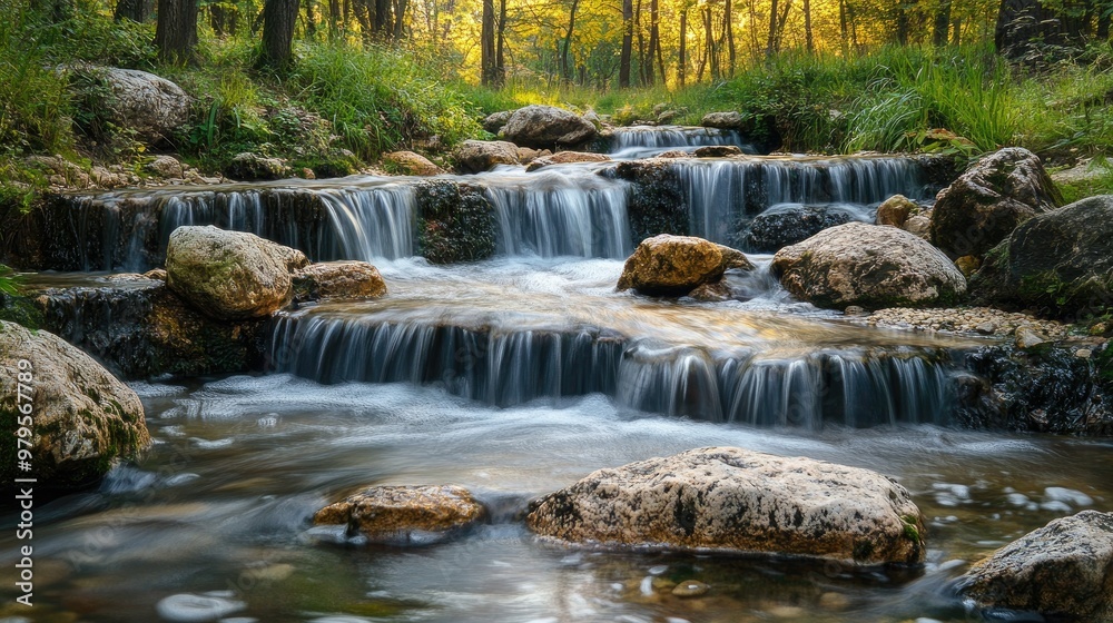 Rocky riverbed with a series of small waterfalls and clear, flowing water in a serene woodland setting Rocky riverbed with a series of small waterfalls and clear, flowing water in a serene woodland setting