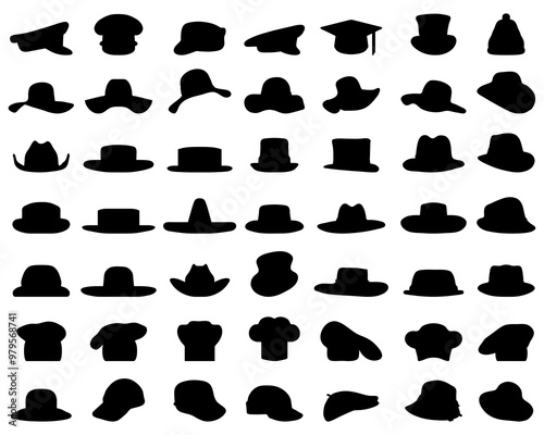 Black silhouettes of various caps and hats on a white background		