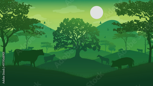 Various Animals Heading Towards the Tree of Life - Beautiful 2d Landscapes Silhouette Wallpaper