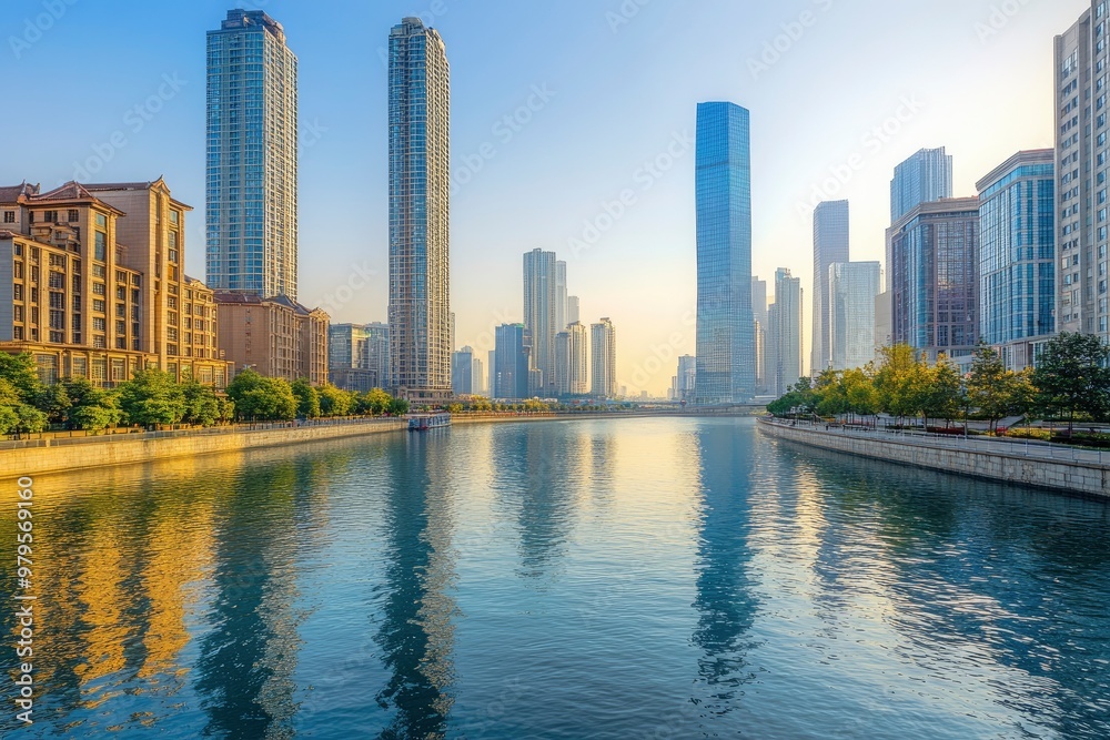 Fototapeta premium An open view of the river and modern urban architecture skyline panorama in Tianjin China with generative ai