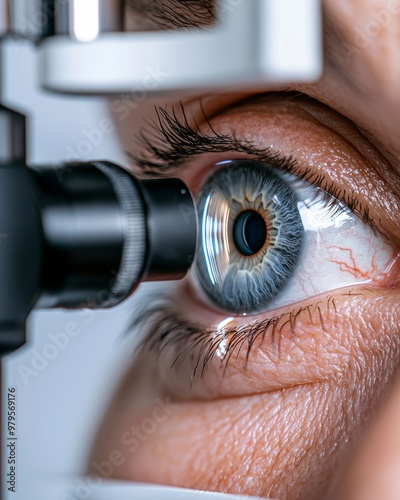 Close-up of a patient eye being examined with a slit lamp during an eye checkup, vision health, eye care photo