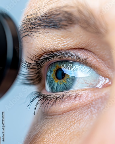 Close-up of a patient eye being examined with a slit lamp during an eye checkup, vision health, eye care