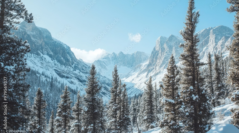 Snow-laden trees and rugged mountain terrain framed by a crisp, clear winter sky. Snow-laden trees and rugged mountain terrain framed by a crisp, clear winter sky.