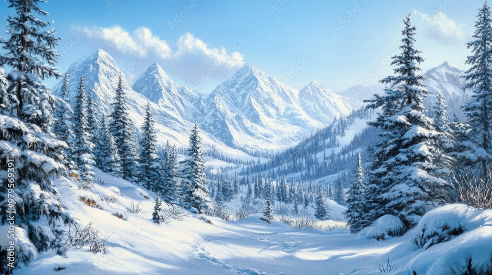 Snow-laden trees and rugged mountain terrain framed by a crisp, clear winter sky.