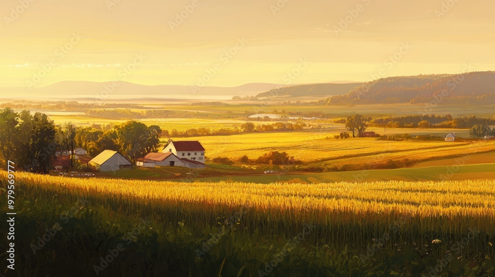 Obraz premium Sunrise over a rural farm, with fields of crops bathed in the soft morning light.