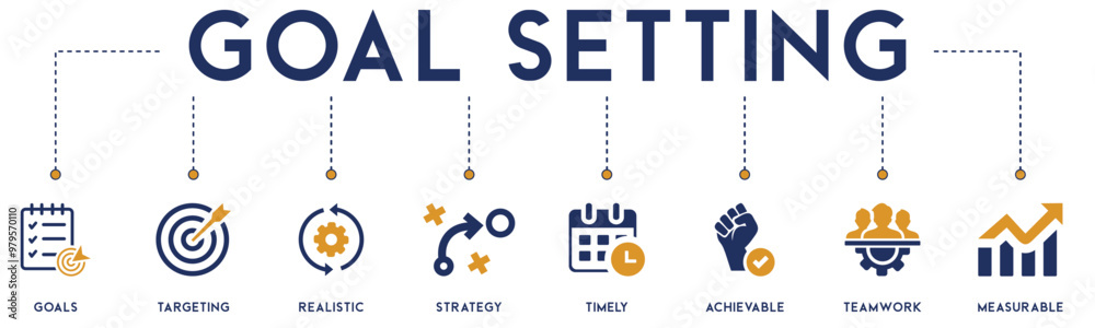 Goal Setting banner website icons vector illustration concept of with an icons of goal, targeting, strategy, timely, achievable, teamwork, measurable, specific on white background