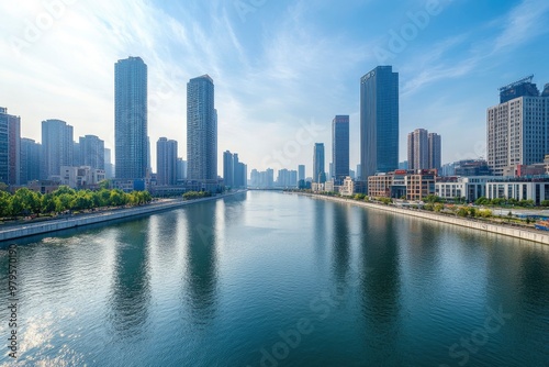 An open view of the river and modern urban architecture skyline panorama in Tianjin China with generative ai