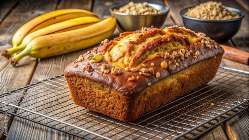 Freshly baked banana bread with crackly brown sugar topping on a rustic cooling rack, perfectly capturing the warm, inviting aroma and golden crispy texture. photo