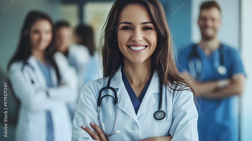 Smiling female doctor standing with medical colleagues in a hospital Smiling female doctor standing with medical colleagues in a hospital