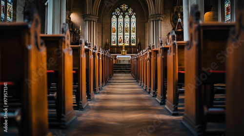 Interior view of a church with wooden pews leading to the altar during daylight