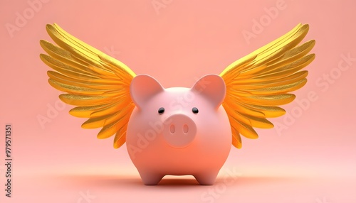 A whimsical piggy bank with golden wings, symbolizing prosperity and the dream of financial freedom. photo