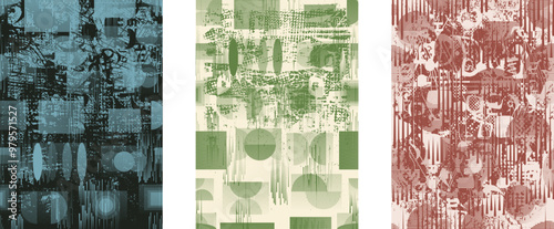 Set of posters with glitch distorted grunge texture. Poster collection texture with halftone dots, glitched shapes, textures and lines .Screen print vector poster pack with grunge textured surface