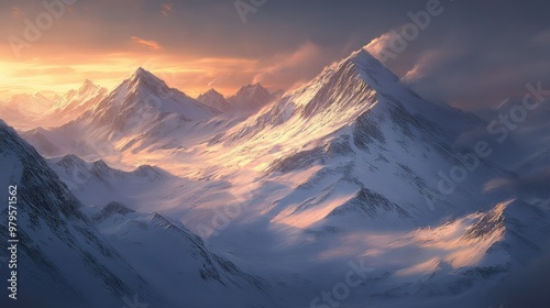 Winter sunrise over snow-covered mountains, with soft light casting long shadows and highlighting the icy terrain.