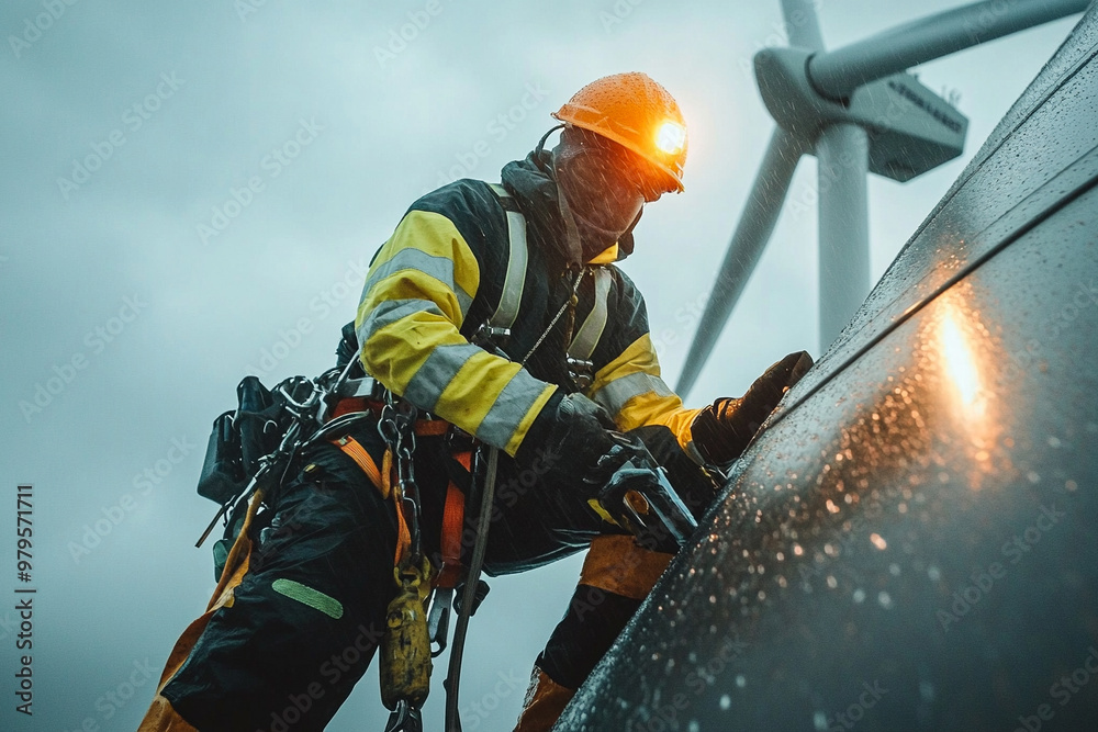 Obraz premium A skilled worker in safety gear performing maintenance on a wind turbine in rainy weather, highlighting renewable energy and green technology.
