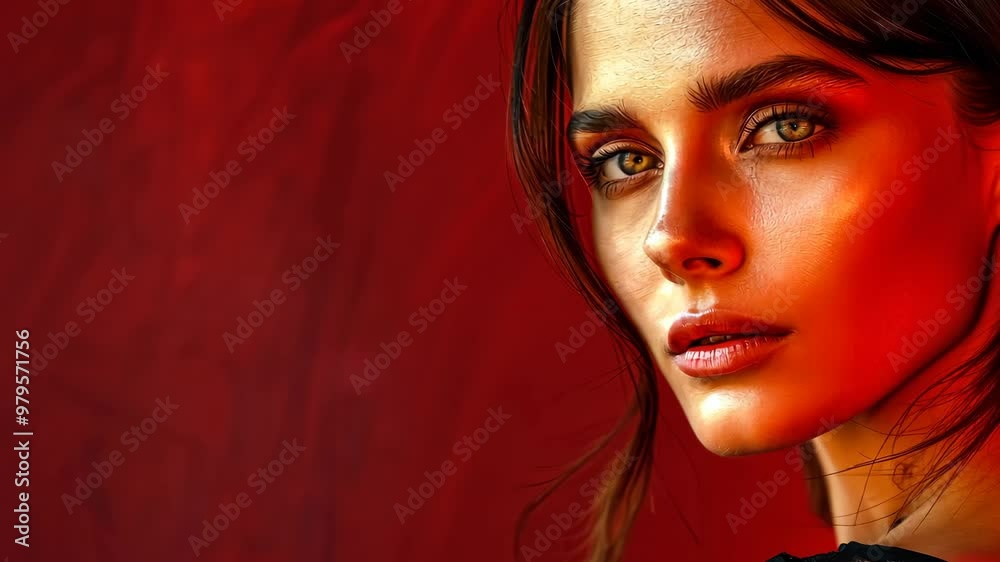 Model showcasing graceful poses against a striking red backdrop lighting Model showcasing graceful poses against a striking red backdrop lighting