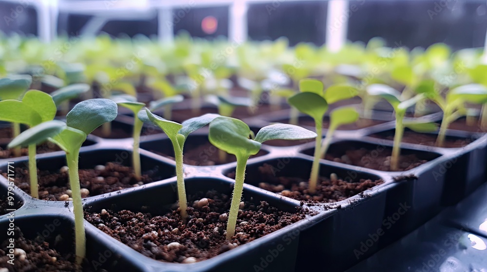 Young seedlings sprouting in a greenhouse, showcasing early stages of crop growth and development. - Young seedlings sprouting in a greenhouse, showcasing early stages of crop growth and development. -