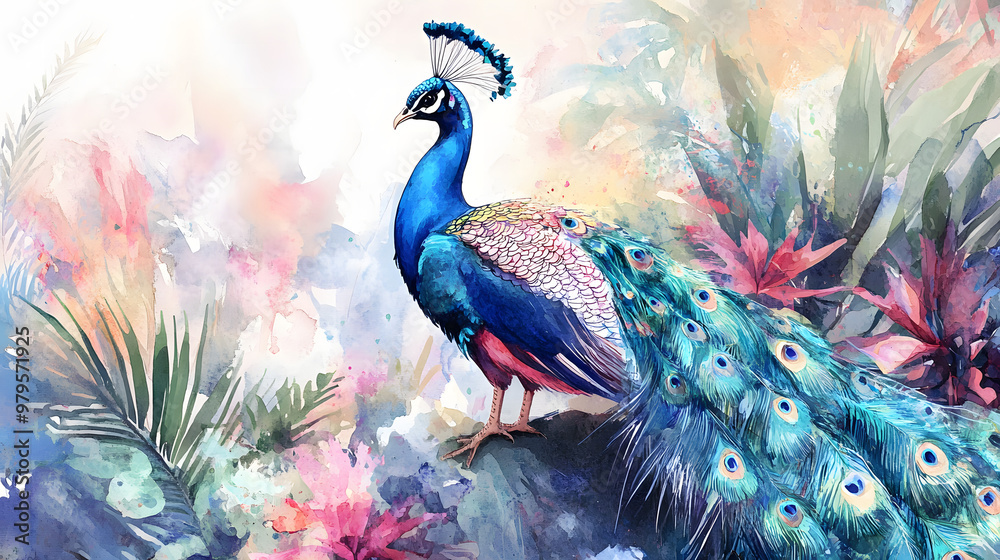 Fototapeta premium Colorful peacock illustration with flowers. Exotic jungle wallpaper. 