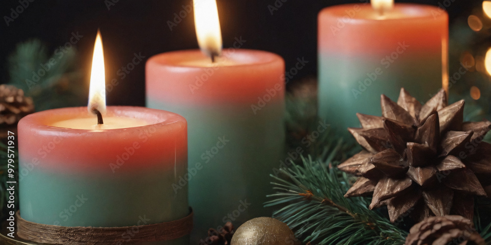 Three Burning Candles on a Christmas Wreath Three Burning Candles on a Christmas Wreath
