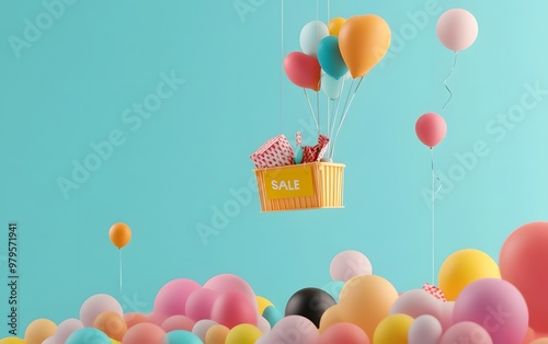 Colorful balloons and a basket with sale items float above a vibrant background, perfect for festive promotions and celebrations. photo