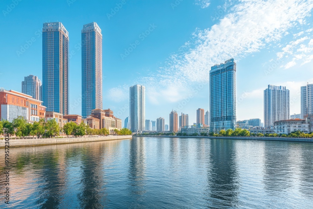 An open view of the river and modern urban architecture skyline panorama in Tianjin China with generative ai An open view of the river and modern urban architecture skyline panorama in Tianjin China with generative ai