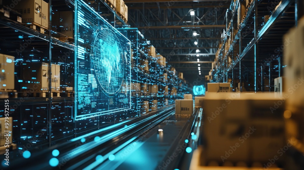 Futuristic digital warehouse with glowing data visualization and cardboard boxes on a conveyor belt, Futuristic digital warehouse with glowing data visualization and cardboard boxes on a conveyor belt,