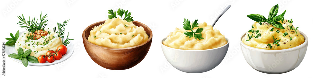 Delicious mashed potato served in various bowls, garnished with herbs, perfect for meal presentations and culinary designs. Delicious mashed potato served in various bowls, garnished with herbs, perfect for meal presentations and culinary designs.