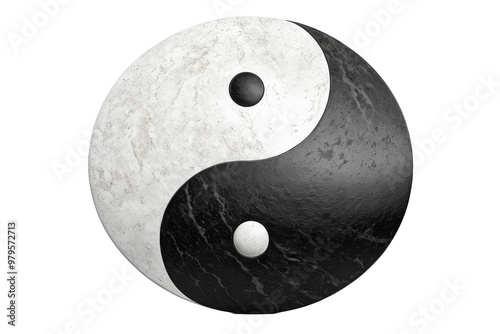 Realistic yin yang symbol, full body, centered, isolated against a pristine white background, conveys balance, contrast of dark and light elements, mimicking natural opposites