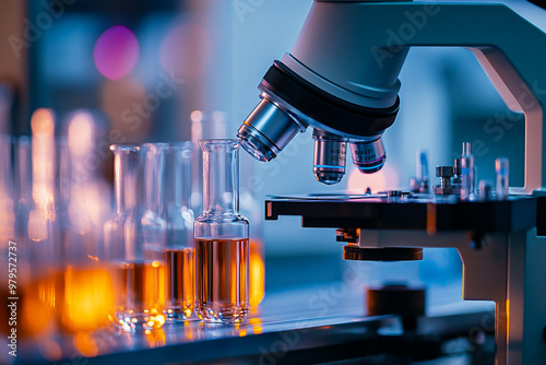 Close-up of a microscope in a lab setting with test tubes filled with liquid, showcasing scientific research and laboratory equipment.